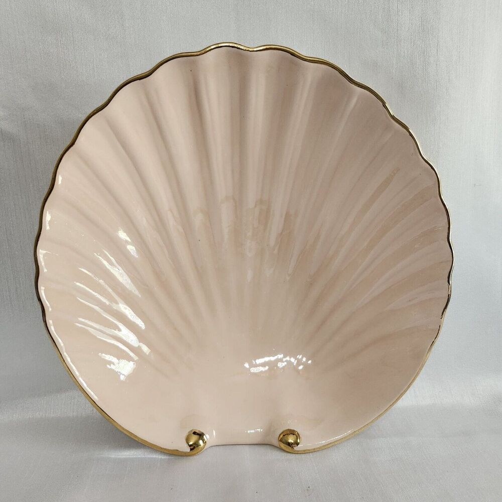 Vintage Shell-Shaped Ceramic Dish‎ With Gold Rim 10.5" Diameter 2.5" Depth